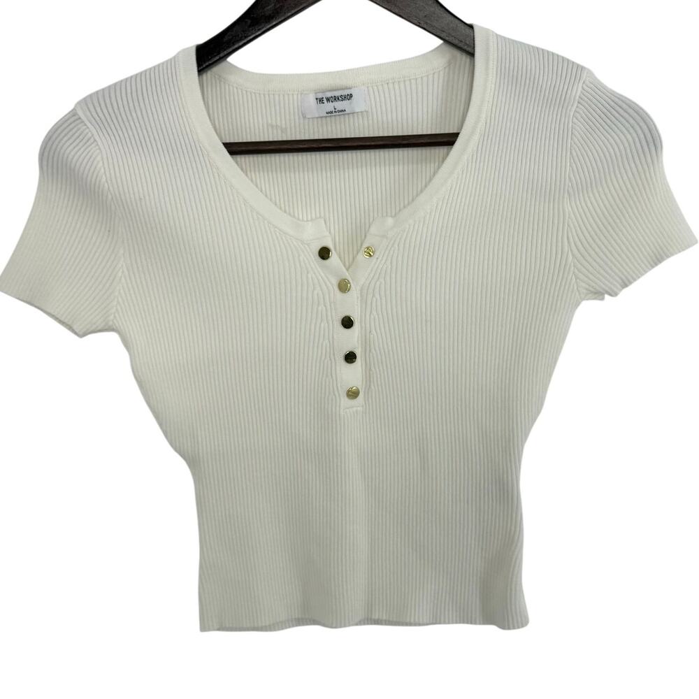 The Workshop Cropped Sweater Large Cream Short Sleeve Gold Button Womens Basic